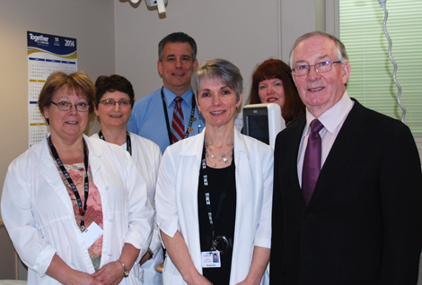 Vascular lab staff at St. Clare’s Mercy Hospital. Front row: Nancy Dawe, R.N., Denise Dinn, registered vascular technologist, Dr. Kevin Melvin, vascular surgeon. Second row: Ann Pinsent, registered vascular technologist, Ron Corcoran, divisional manager, Cynthia Kettle, nurse practitioner.