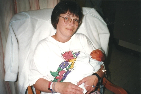 Cindy holding her newborn boy, 1998