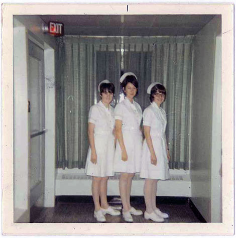 Paula with two of her friends in 1970 in their nursing uniforms. (l-r): Barbara (Sampson) Dyke, Cynthia (Baikie) Hodgins and Paula (Baker) Fifield.